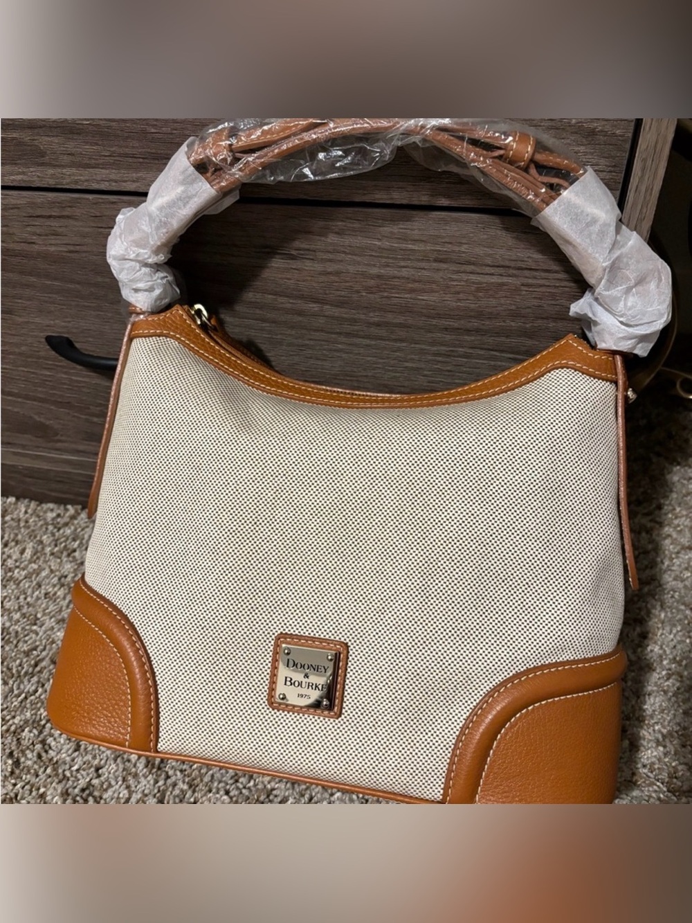 Dooney & Bourke Cream and Tan Canvas Hobo Bag with matching wallet! NWT!